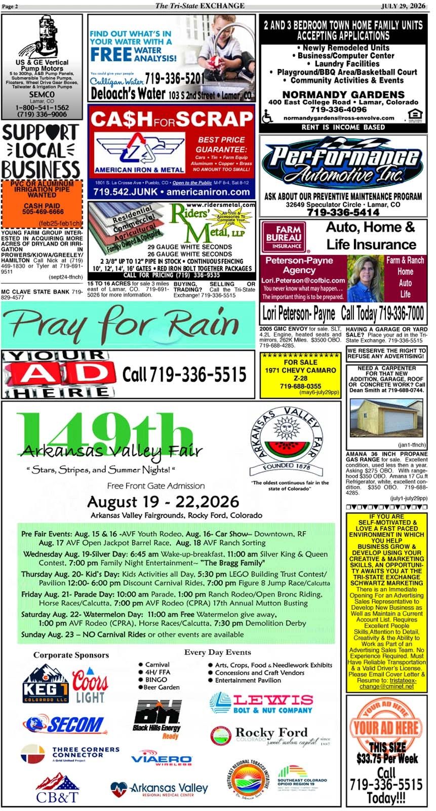Various local ads, including Arkansas Valley Fair and services in Lamar, Colorado.