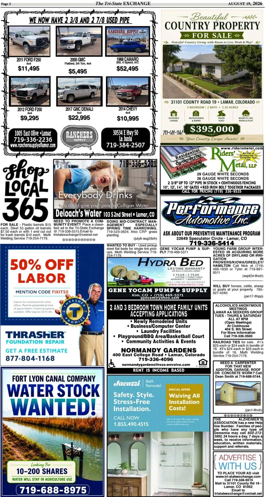 Classified ads featuring used vehicles, property for sale, local services, and community announcements.