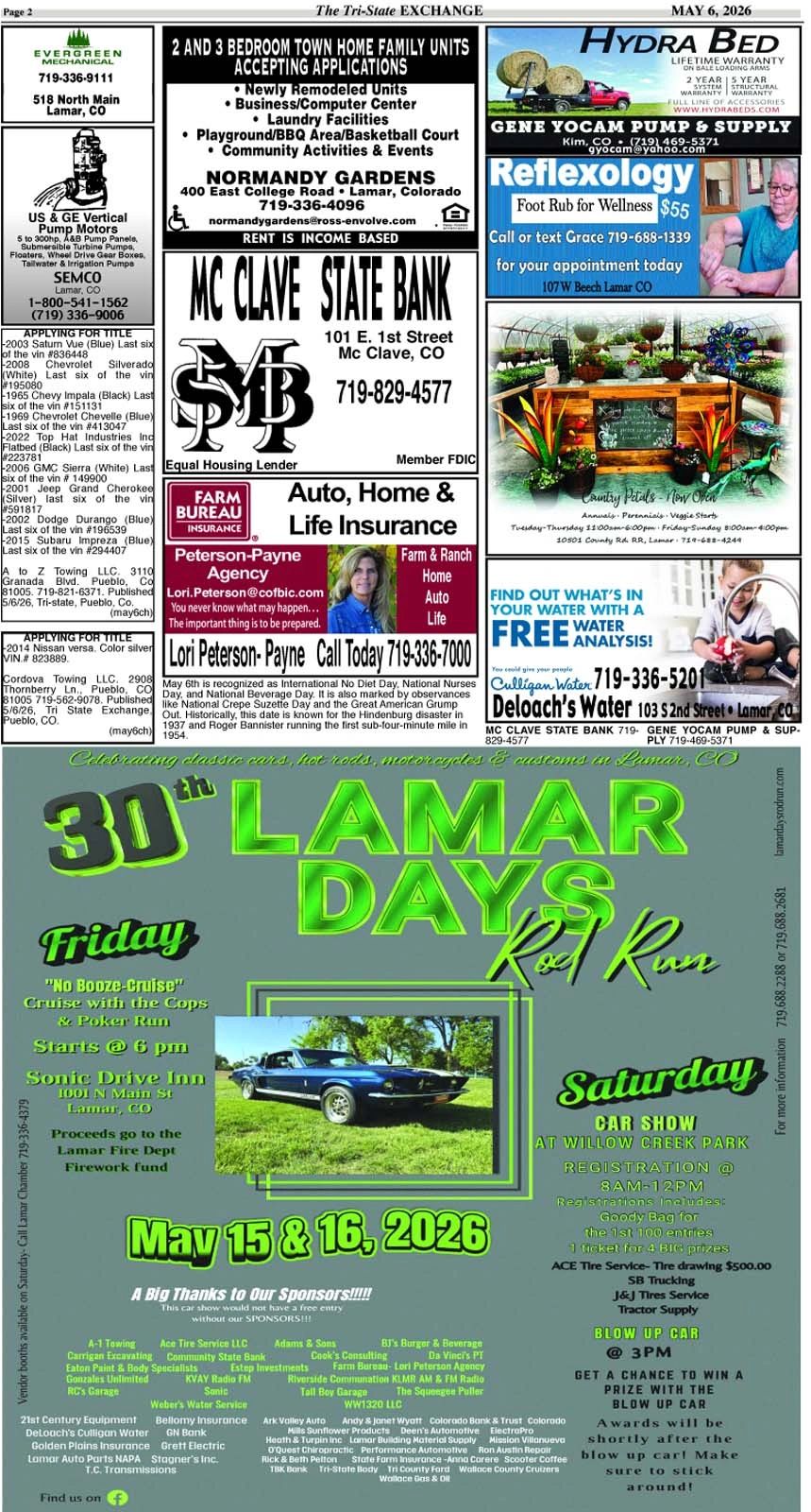 Poster advertising the 30th Lamar Days Rod Run car event on May 15 and 16, 2026 in Lamar, CO.