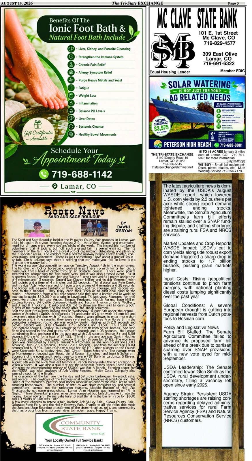 Newspaper page with ads and local news.