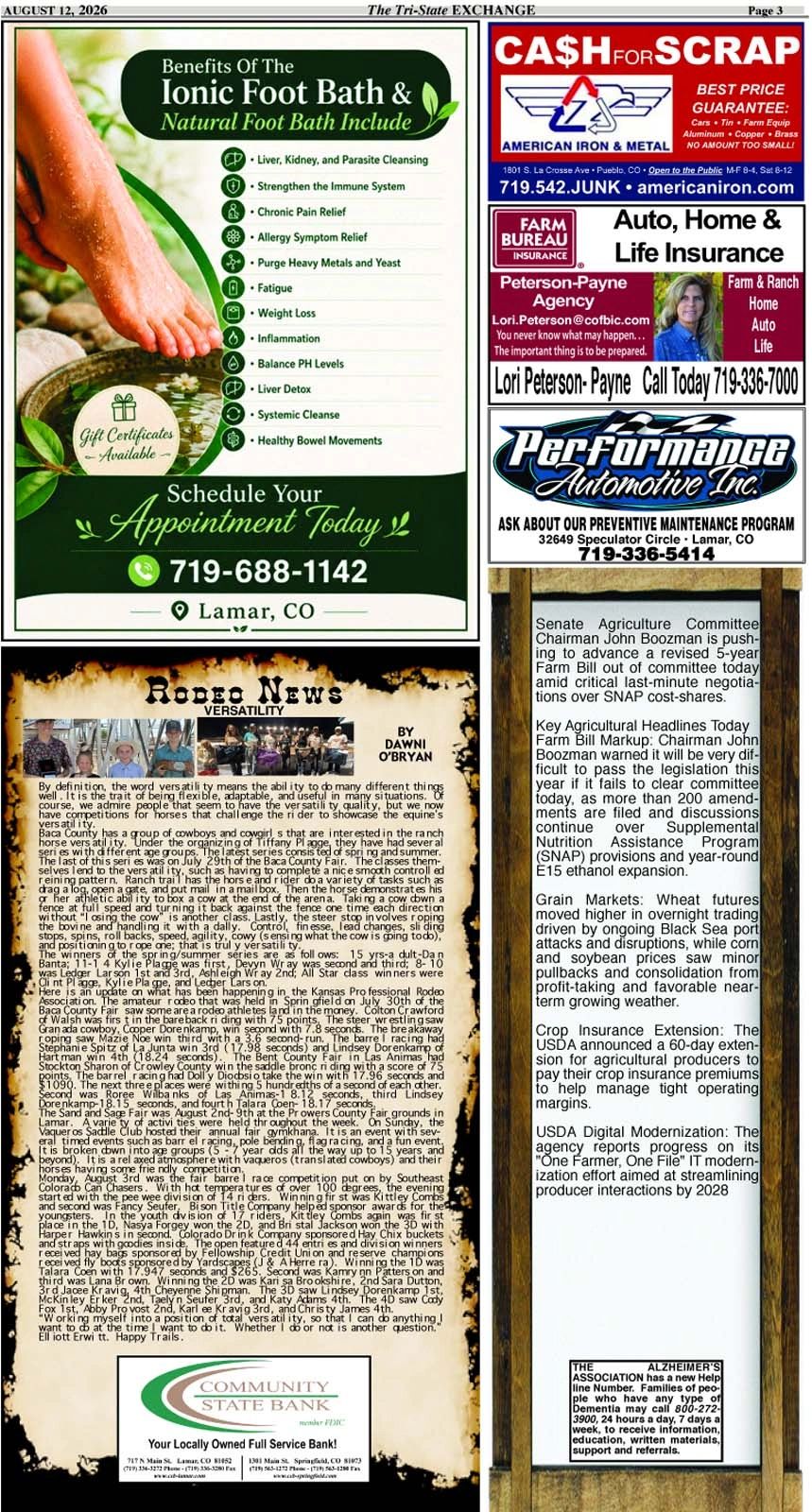 Newspaper page with ads and rodeo news from August 12, 2026.