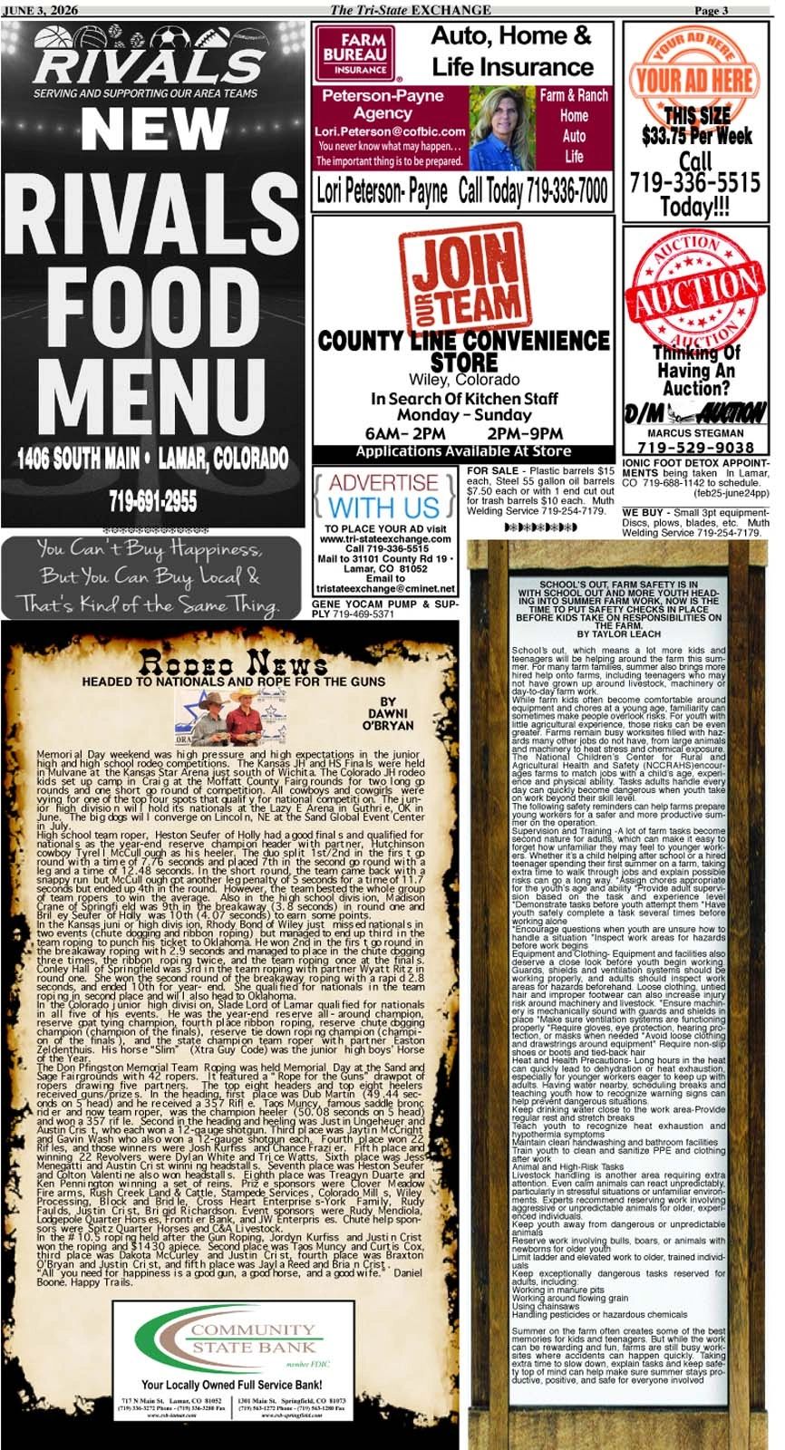 New Rivals Food Menu and rodeo news in Lamar, Colorado local newspaper.