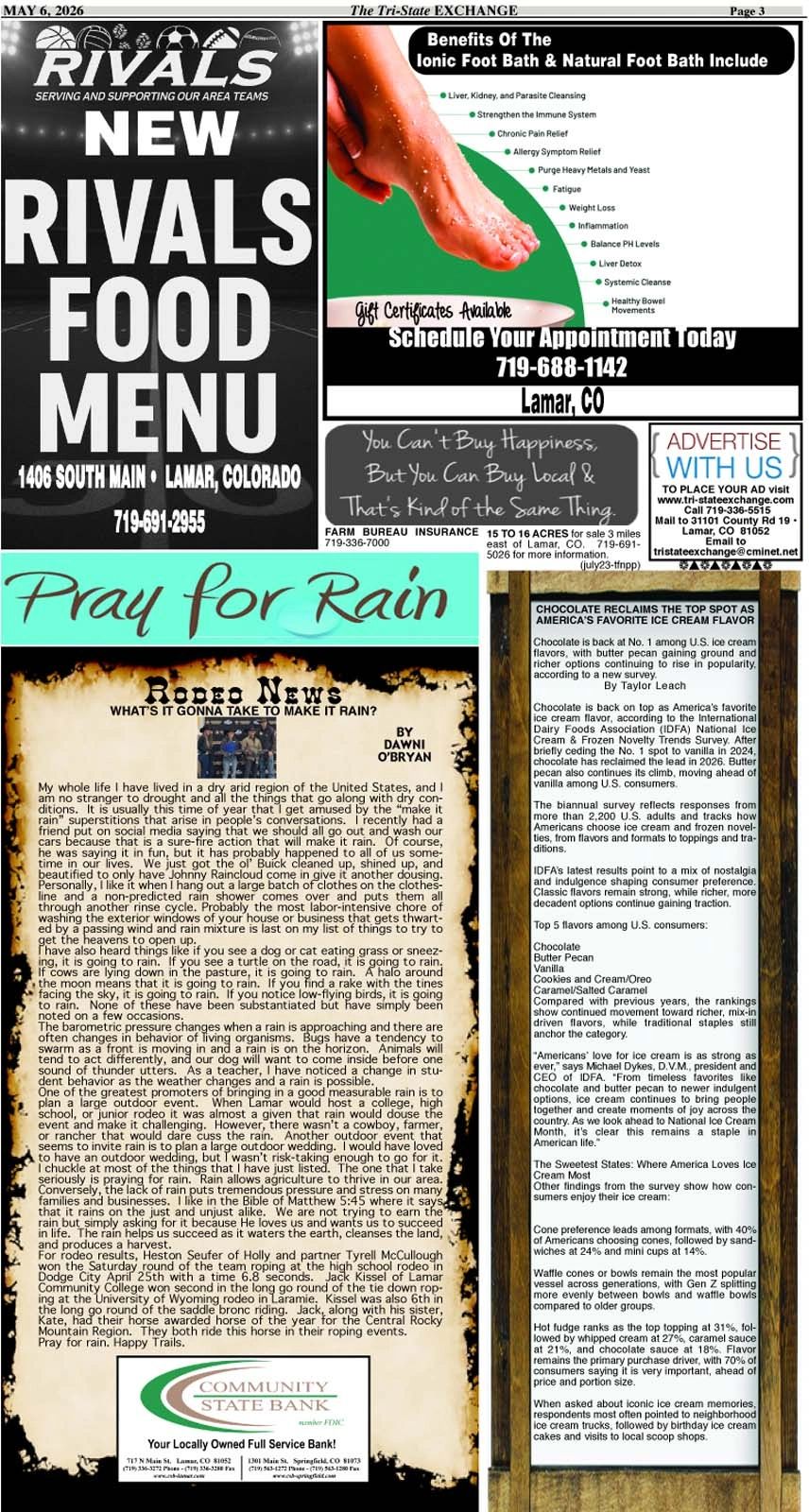 A newspaper page with a food menu, foot bath ad, local news, and ice cream trends.
