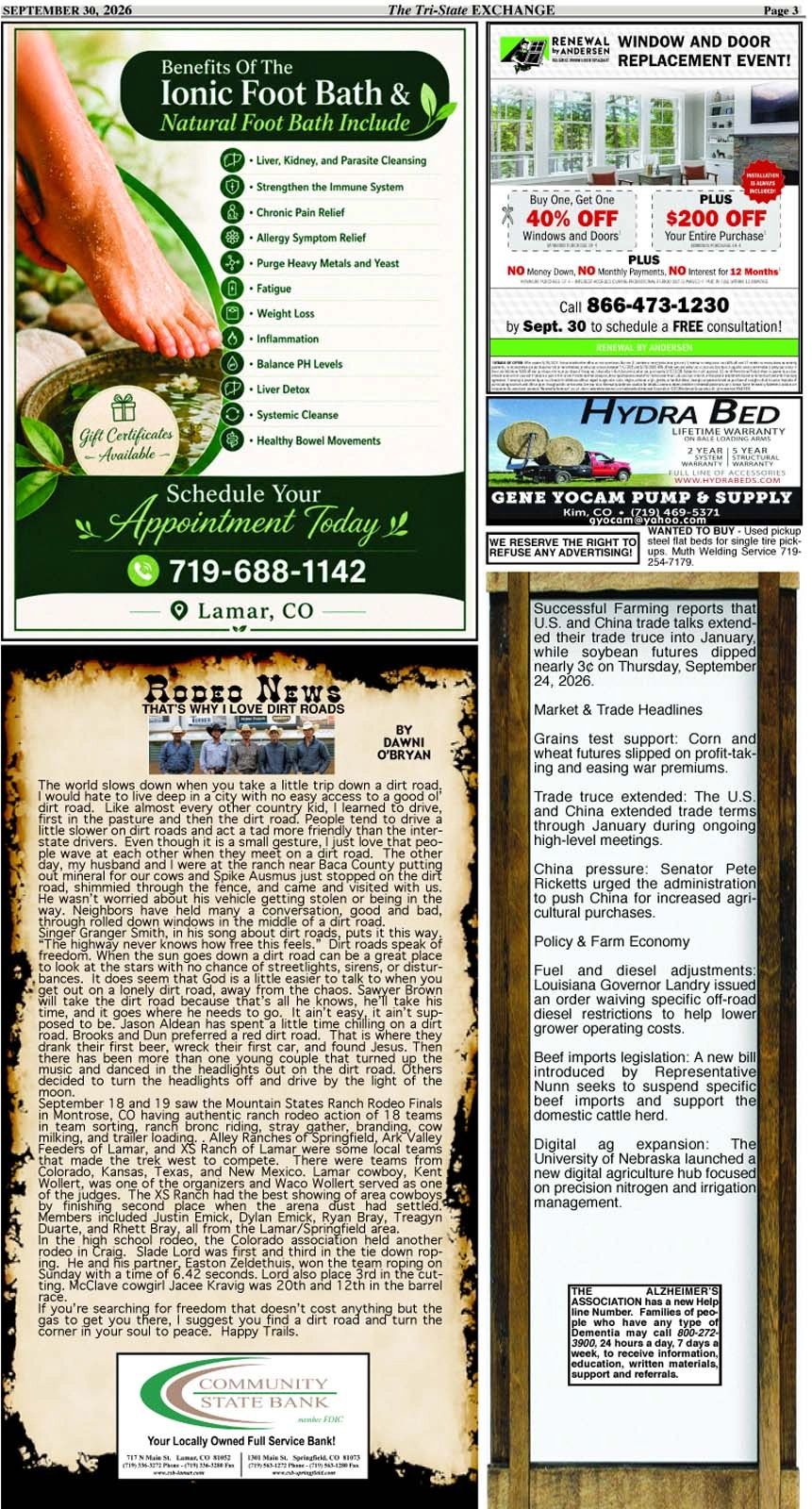 Ionic foot bath benefits, rodeo news, farming reports, door window replacement ad, Hydra Bed ad.