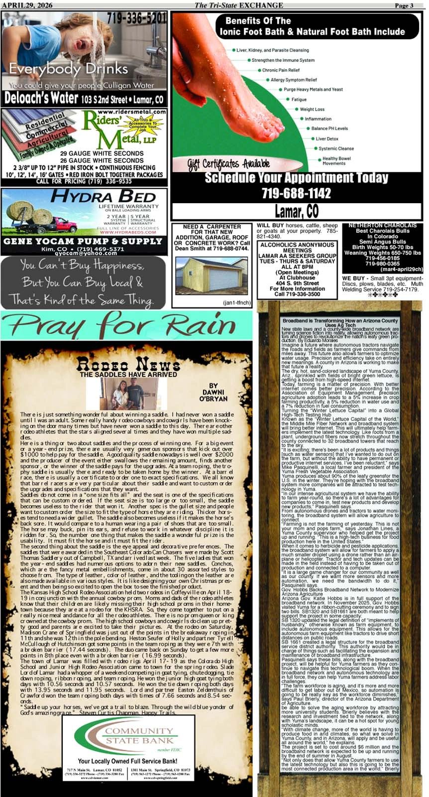 A newspaper page featuring local ads, rodeo news, and community announcements from Lamar, Colorado.