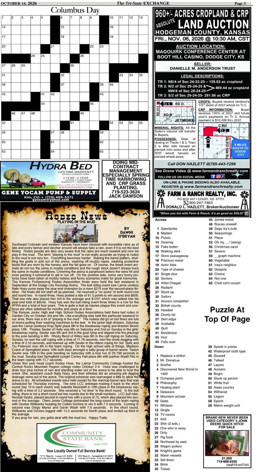 Crossword puzzle, auction ad, and rodeo news on a newspaper page.