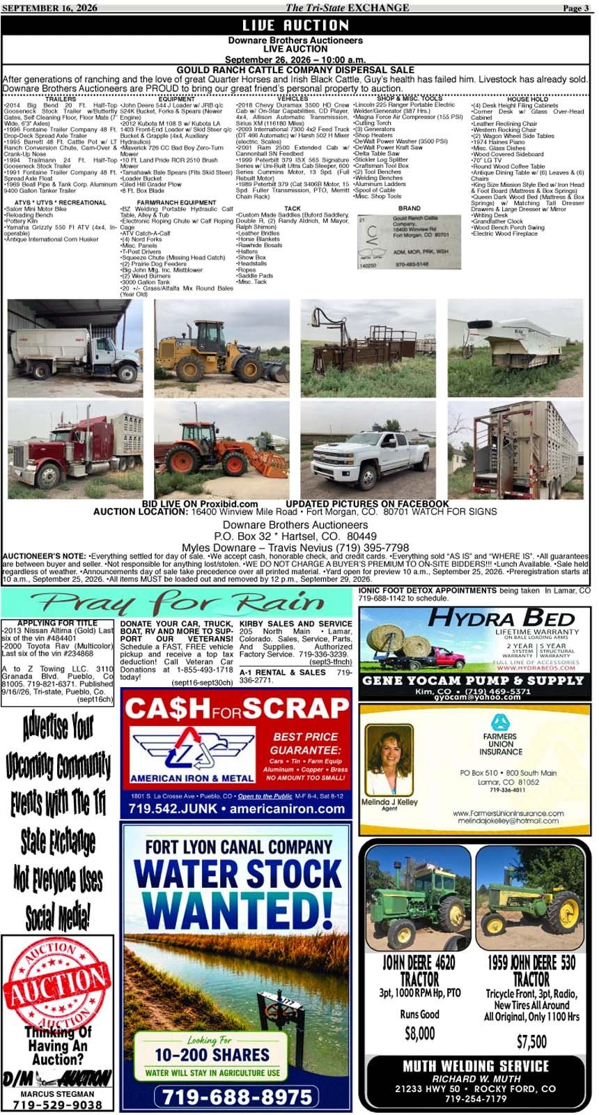 Live auction for Gould Ranch Cattle Company dispersal sale with farm equipment and vehicles.