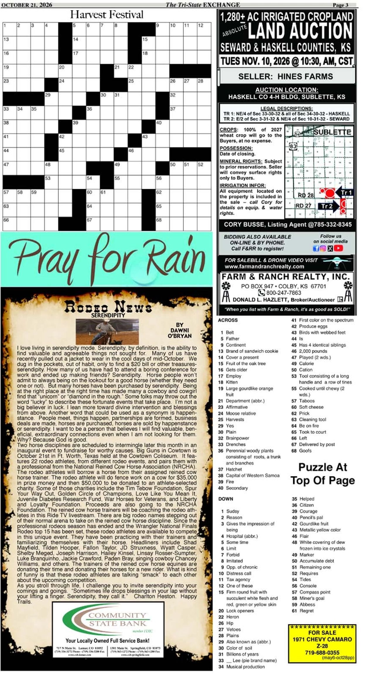 Newspaper page with crossword, auction ad, and rodeo news.