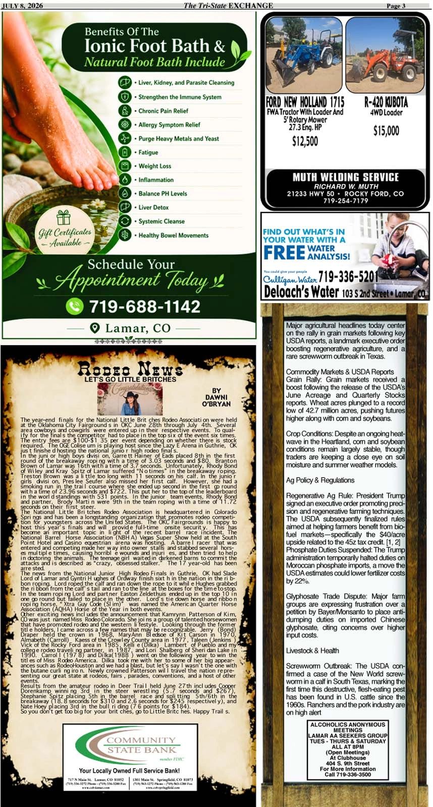 Newspaper page with ads, rodeo news, and agricultural headlines.