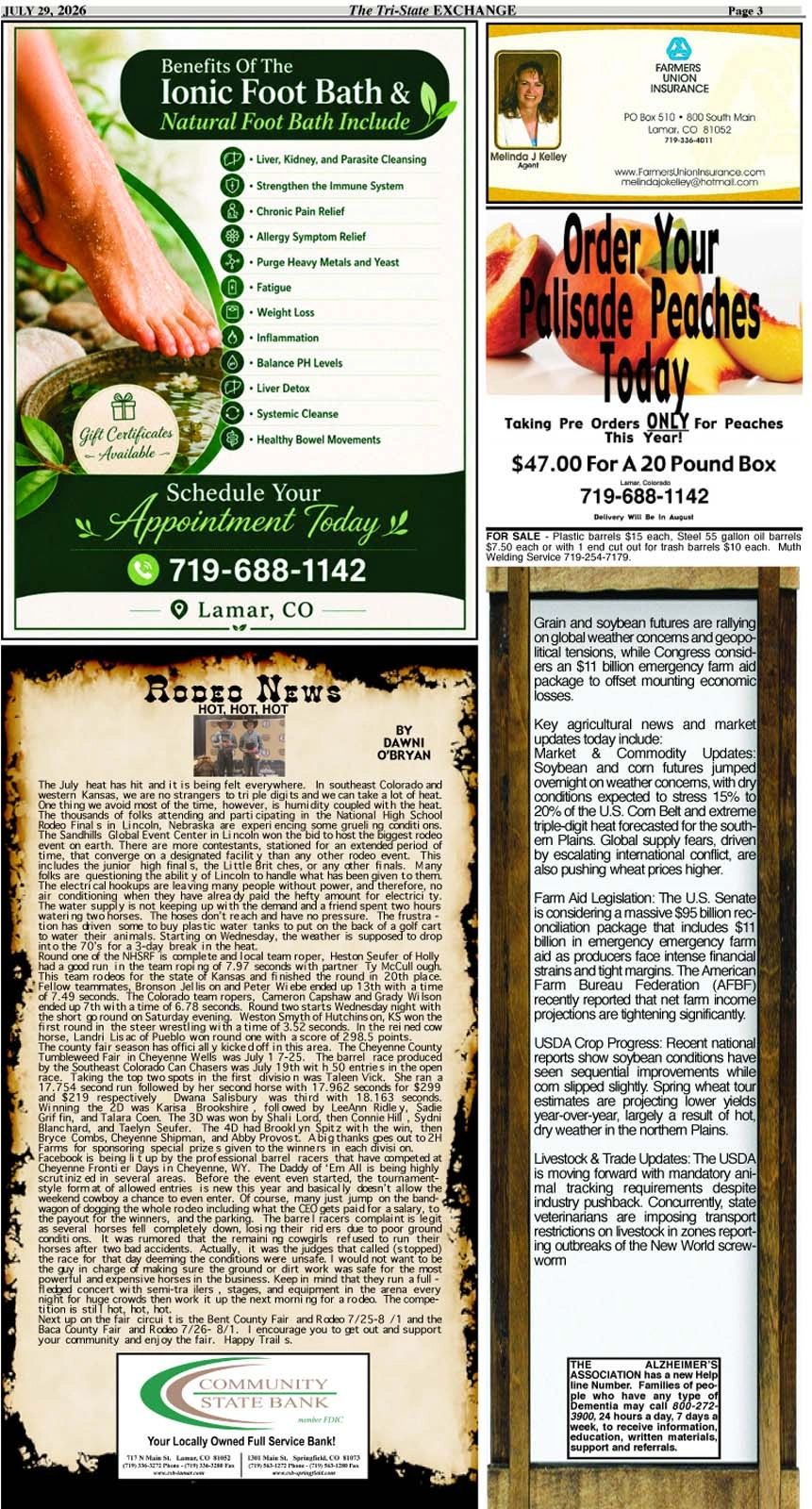 Various local advertisements and community news on a newspaper page.