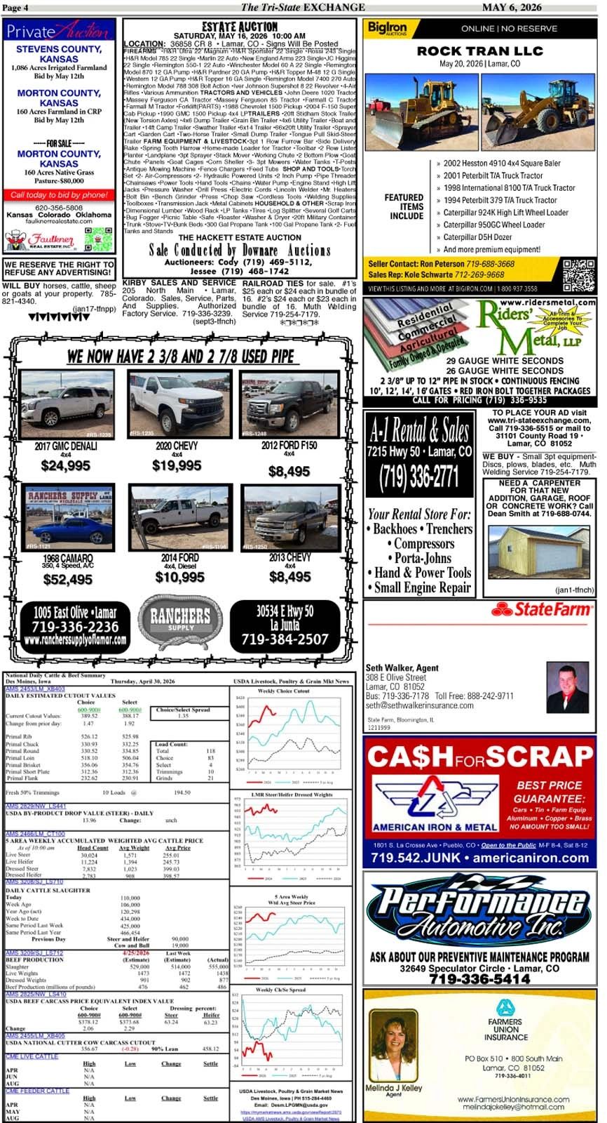 Page 4 of The Tri-State Exchange newspaper with auctions, vehicle sales, and advertisements.
