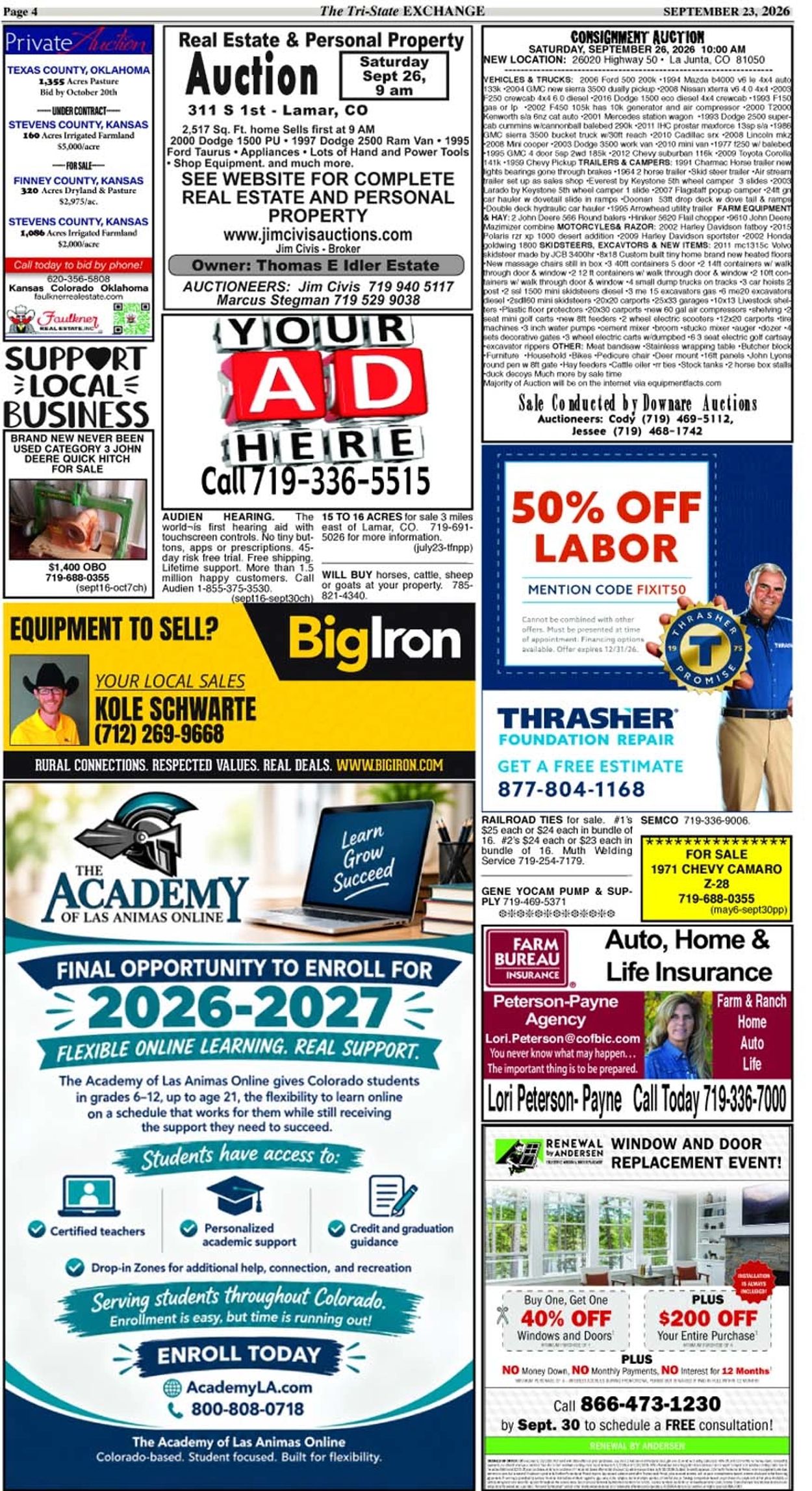 Page with various ads including real estate auction, equipment sale, foundation repair discount, and online learning enrollment.