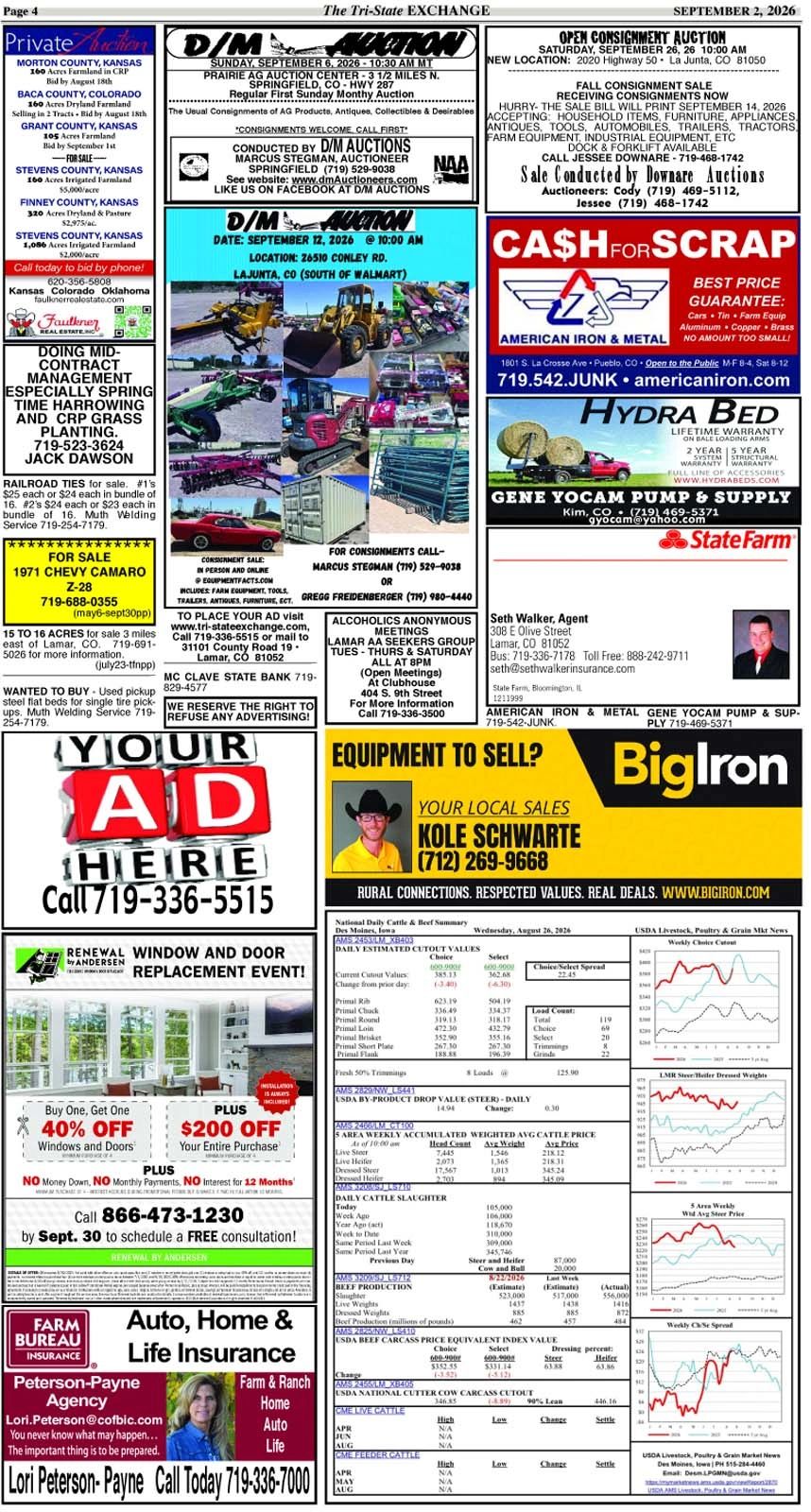 Classified page with local ads, auctions, insurance, and livestock market updates.