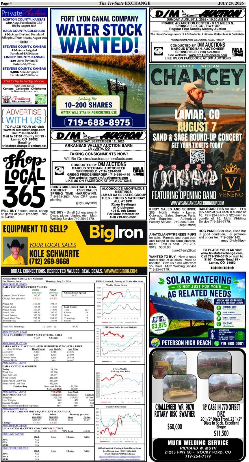 Farm equipment ads, water stock wanted, and concert announcement.