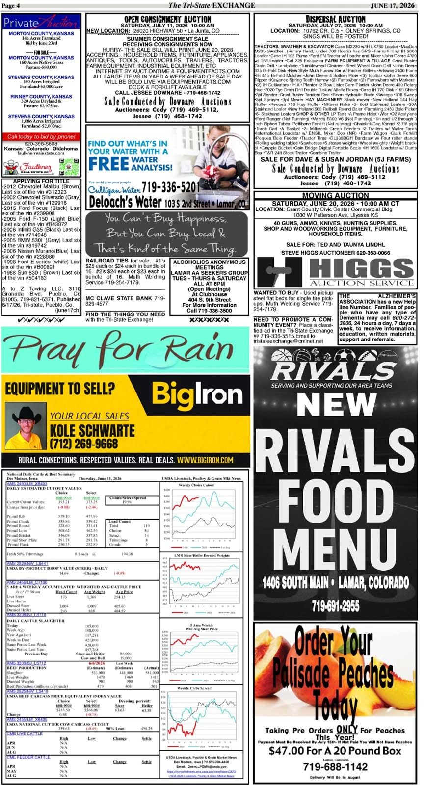 Local auctions, water analysis, and community ads featured in the Tri-State Exchange newspaper.