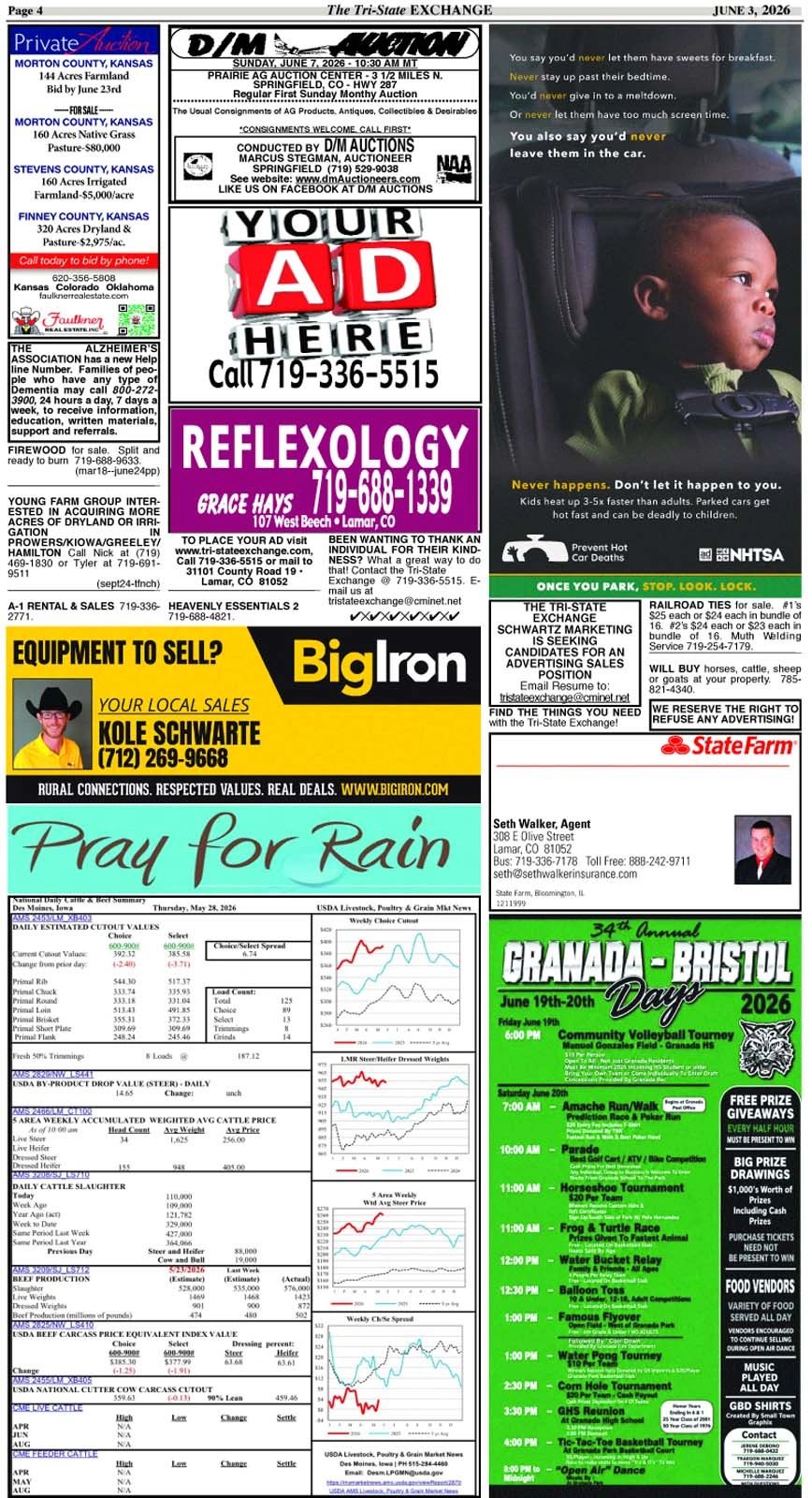 A newspaper page featuring local ads, auction info, reflexology, insurance, and a child safety PSA.