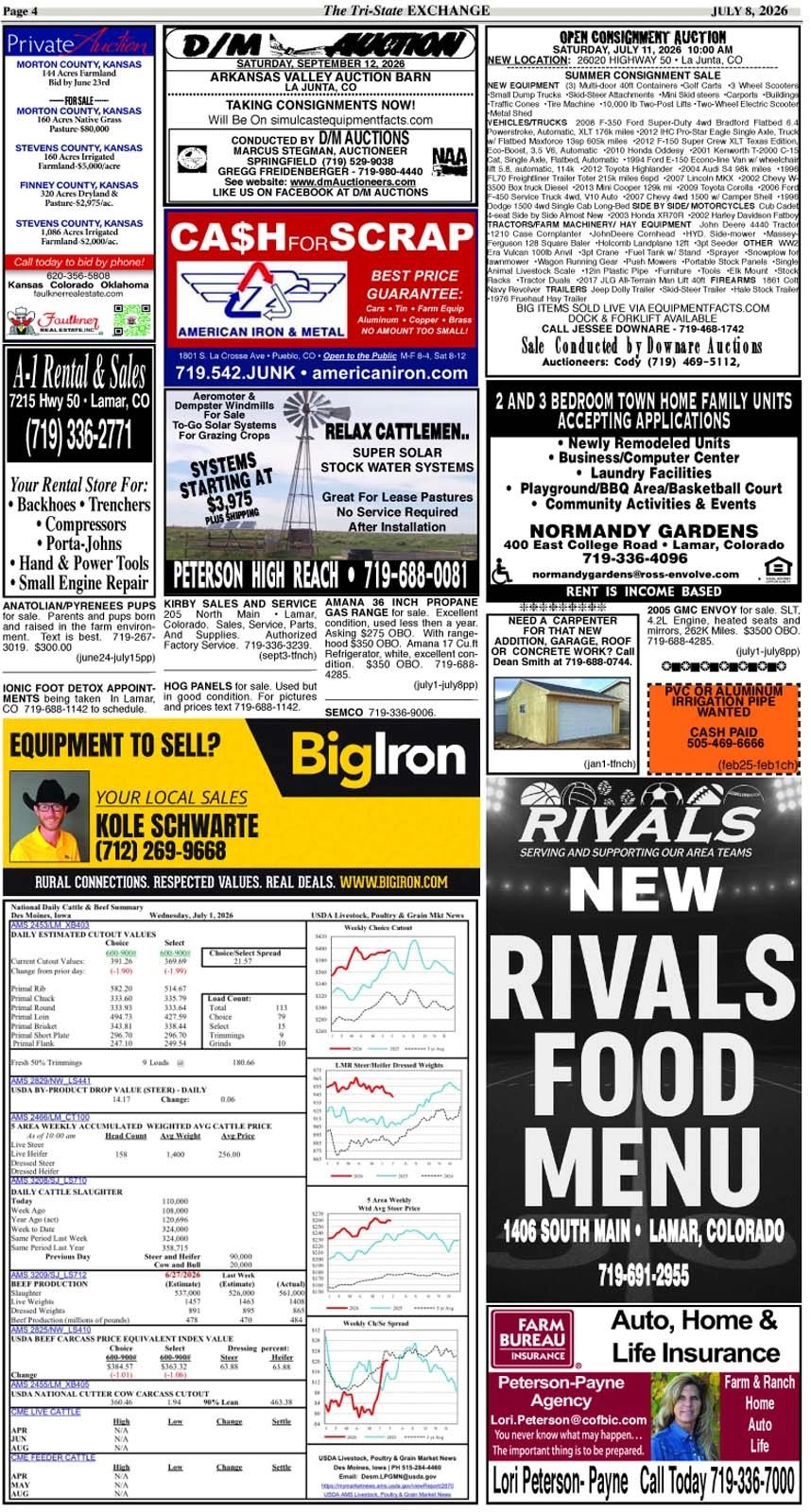 Classified ads for auctions, rentals, sales, and community services in Lamar, Colorado area.