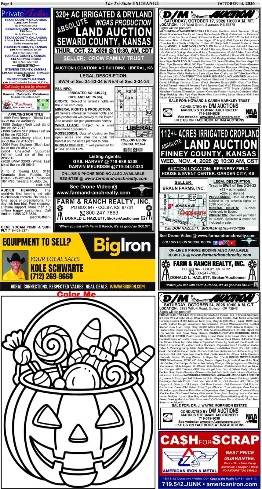 Page with farmland auctions, local sales ad, and a Halloween pumpkin coloring image.