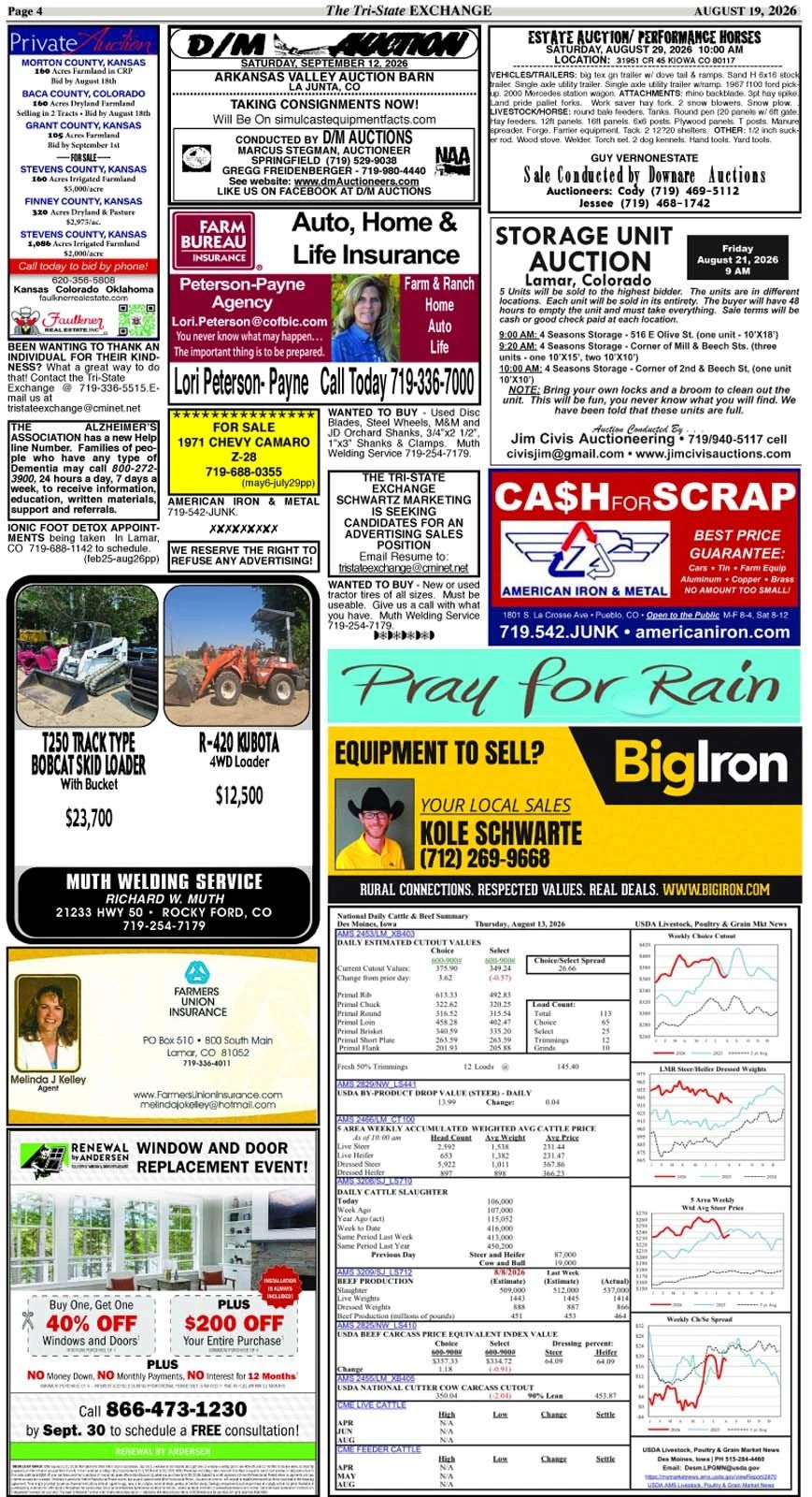 Page of classifieds and auction ads from The Tri-State Exchange, August 19, 2026.