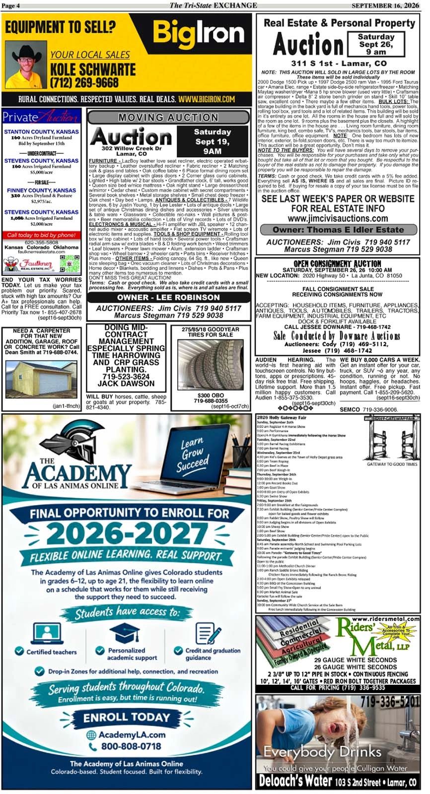 Classified ads featuring auctions, equipment, real estate, and online learning enrollment.