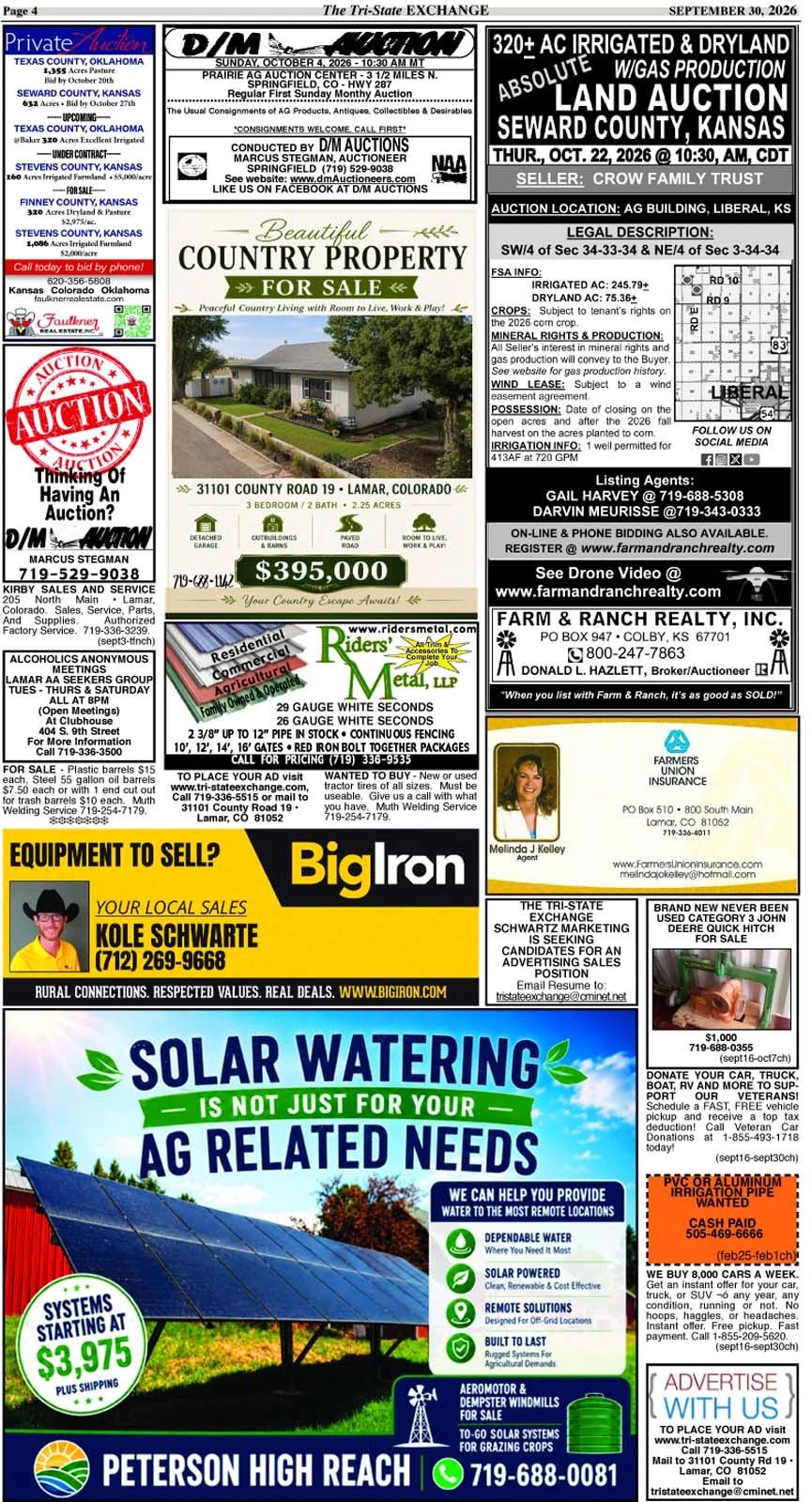 Agricultural and real estate ads from The Tri-State Exchange newspaper.