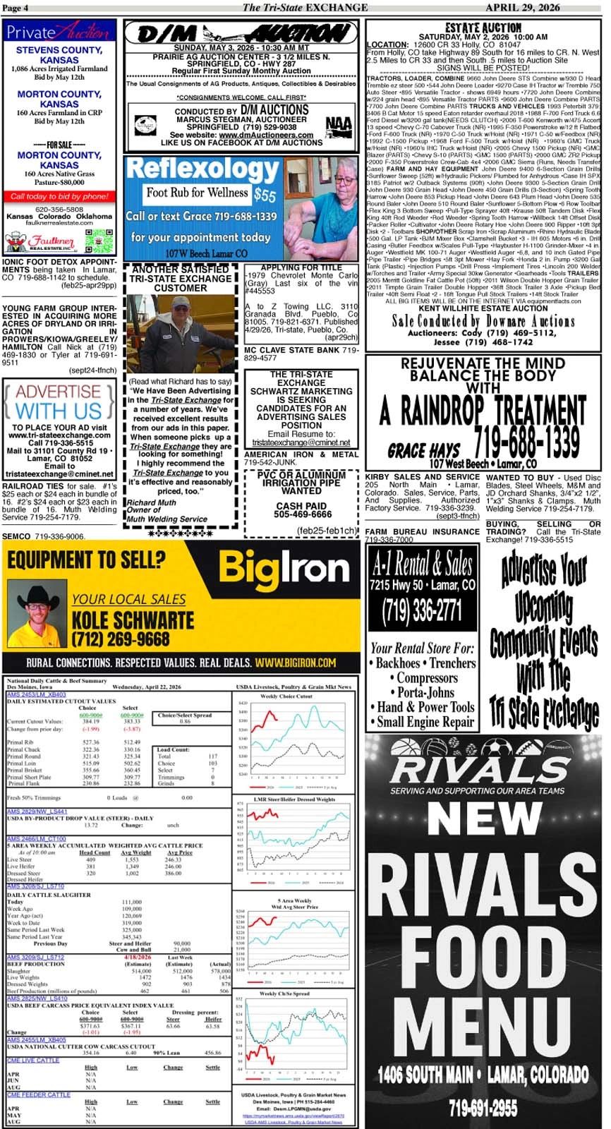 A newspaper page featuring auctions, sales, and local advertisements from Lamar, Colorado.
