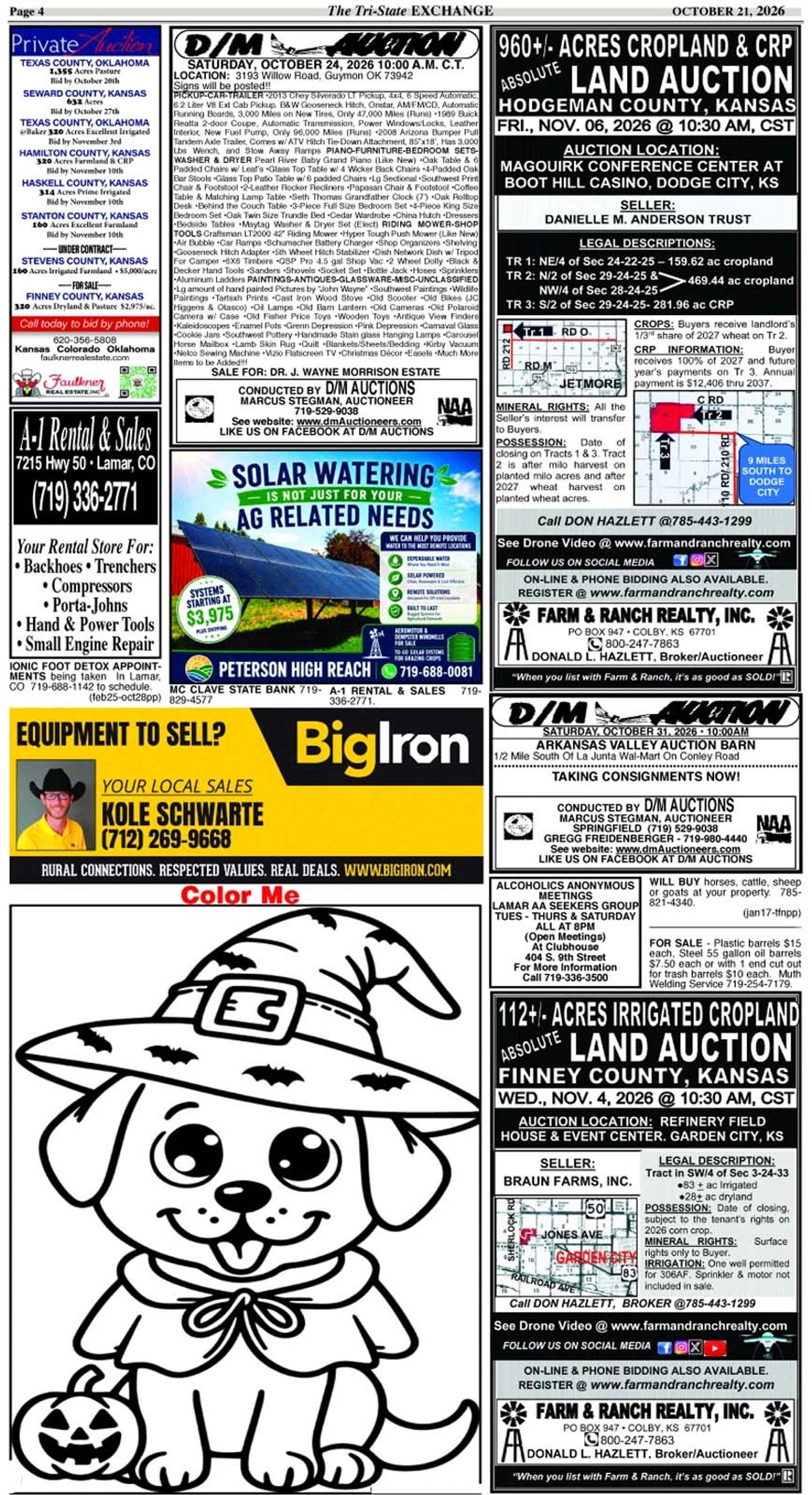 Newspaper page with auctions, rentals, and coloring dog illustration.