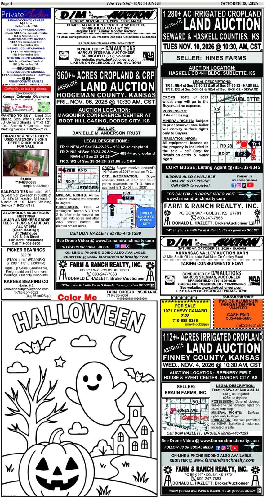 Page of land auctions in Kansas with a Halloween coloring section.