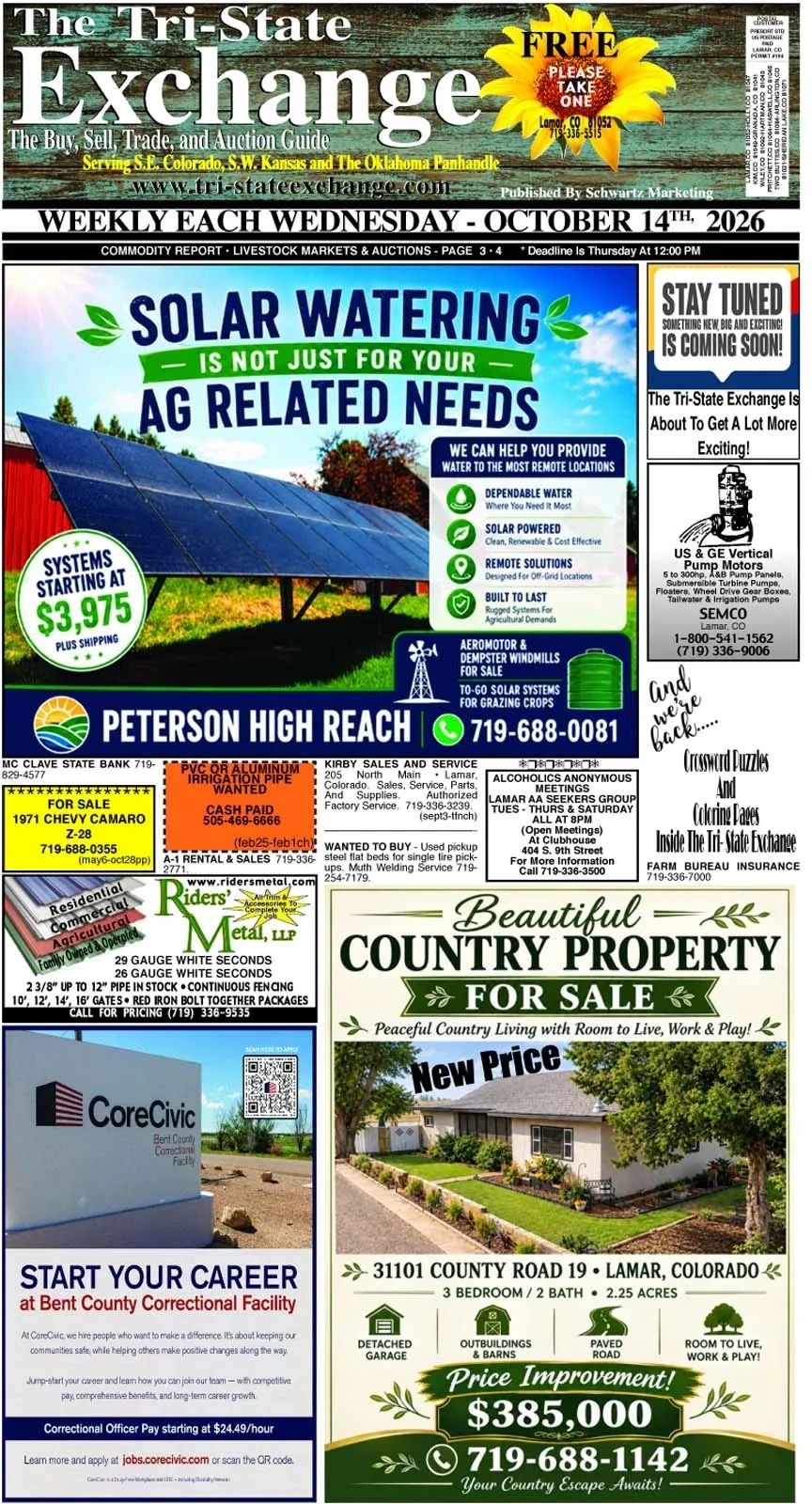 Newspaper cover featuring solar watering, property sale, job ad, and classifieds.