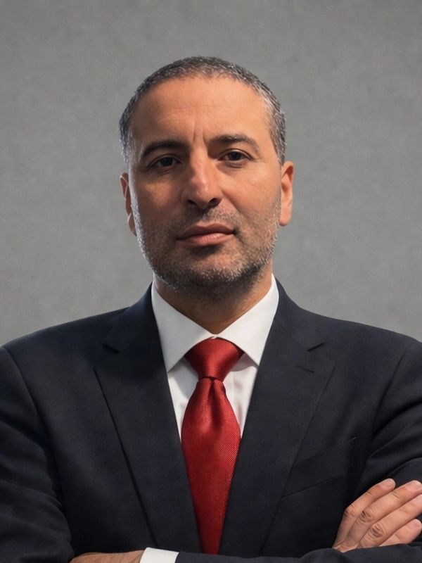 Confident man in a black suit with a red tie, arms crossed.