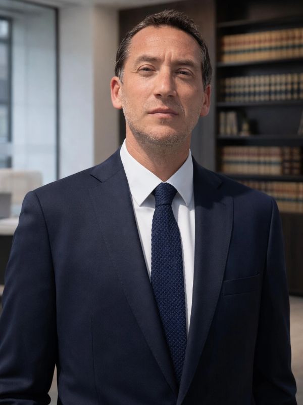 Confident businessman in a navy suit and tie standing in an office with bookshelves.