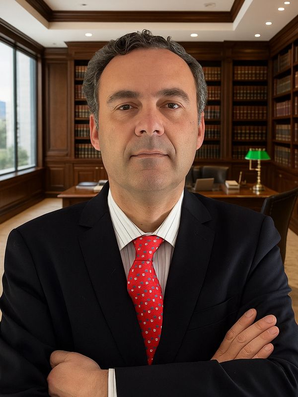 Confident businessman in a suit standing with arms crossed in a wood-paneled office.