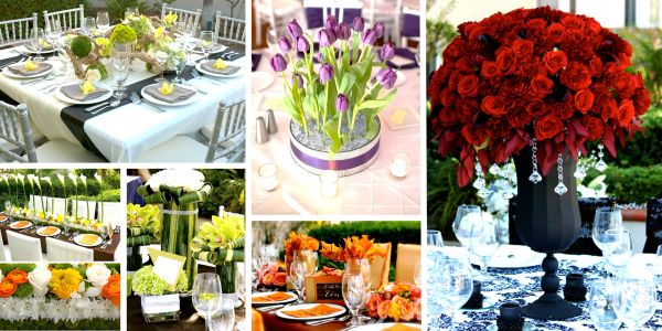 Beautiful flower arrangements on elegant dining tables.