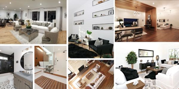 Collage of stylish modern living room and bathroom interiors.