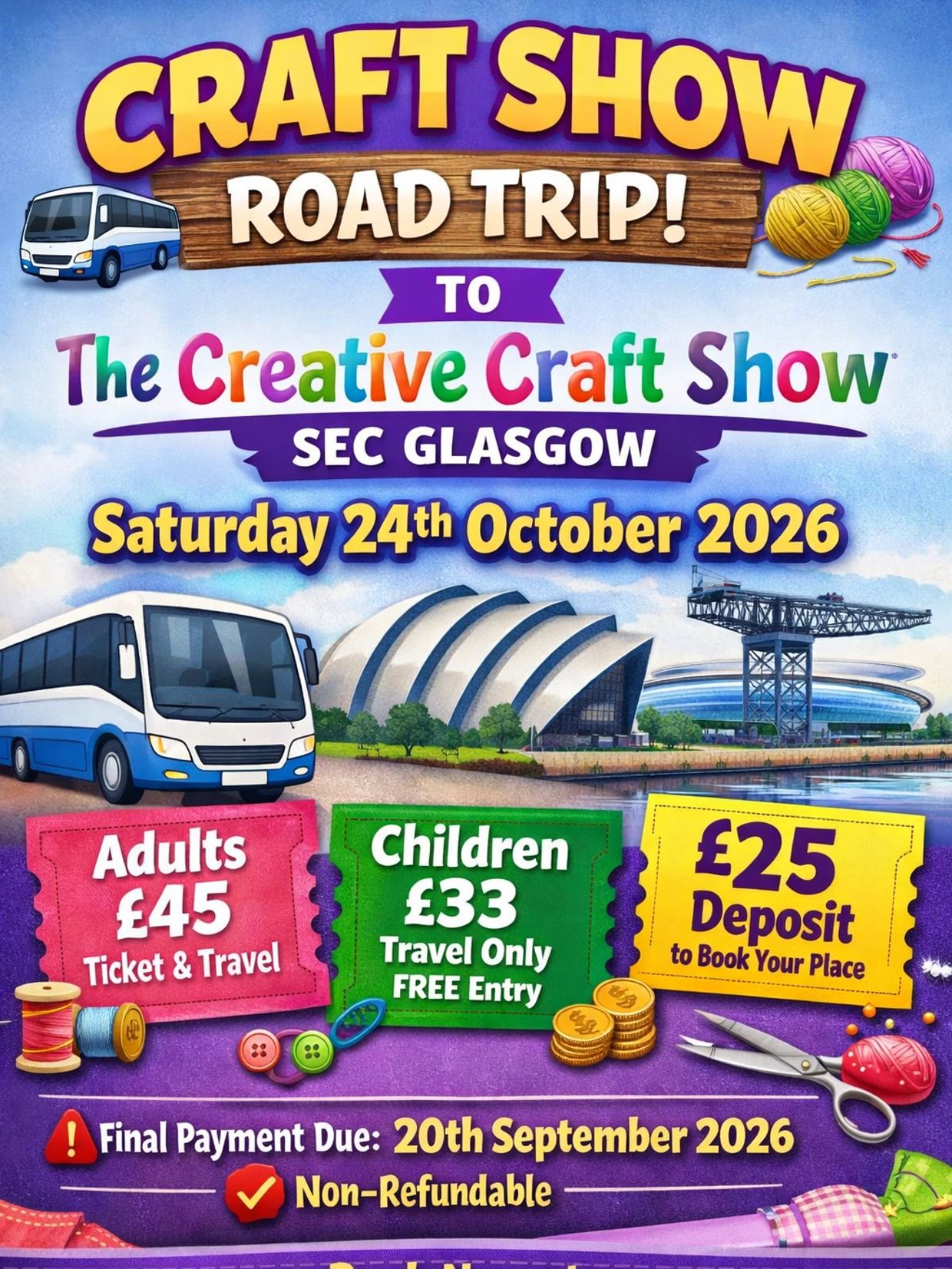 Craft Show Road Trip to Glasgow on October 24, 2026, with ticket prices and deposit details.
