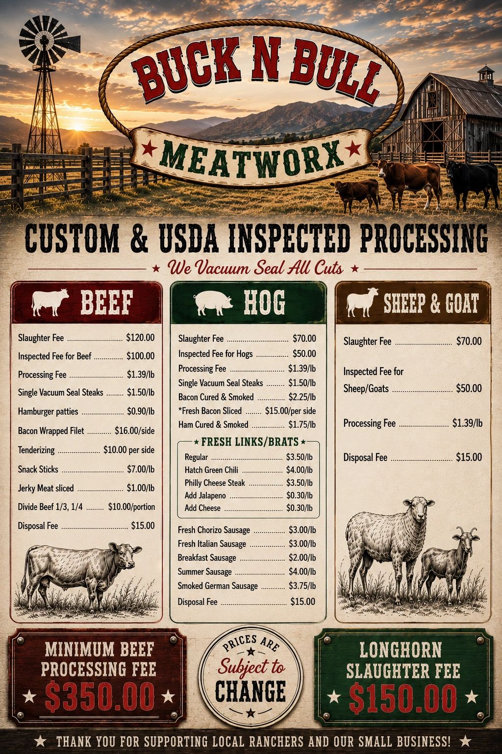 Buck N Bull Meatworx pricing for custom USDA inspected processing of beef, hog, sheep, and goat.