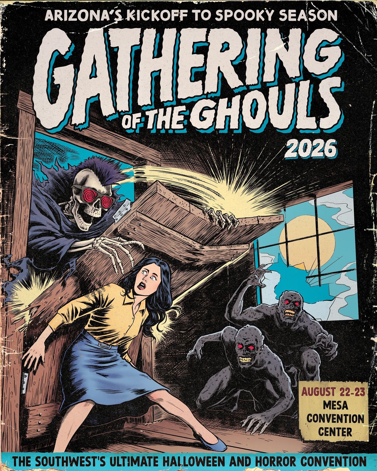 Comic-style poster for Gathering of the Ghouls 2026 Halloween event.