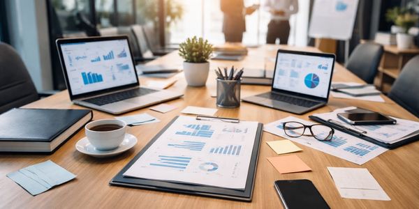 Workspace with laptops, charts, coffee, and office supplies on a wooden table.