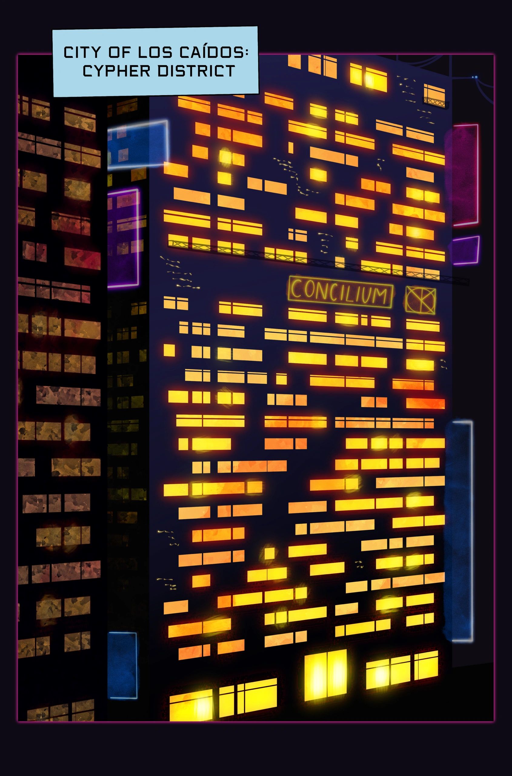 Night view of illuminated high-rise buildings in the City of Los Caídos, Cypher District.
