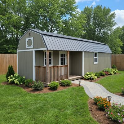 A gray garden shed with a small porch surrounded by lush greenery and flowers.