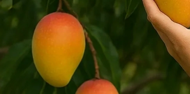 Ripe mangoes hanging on the tree with a hand holding one.