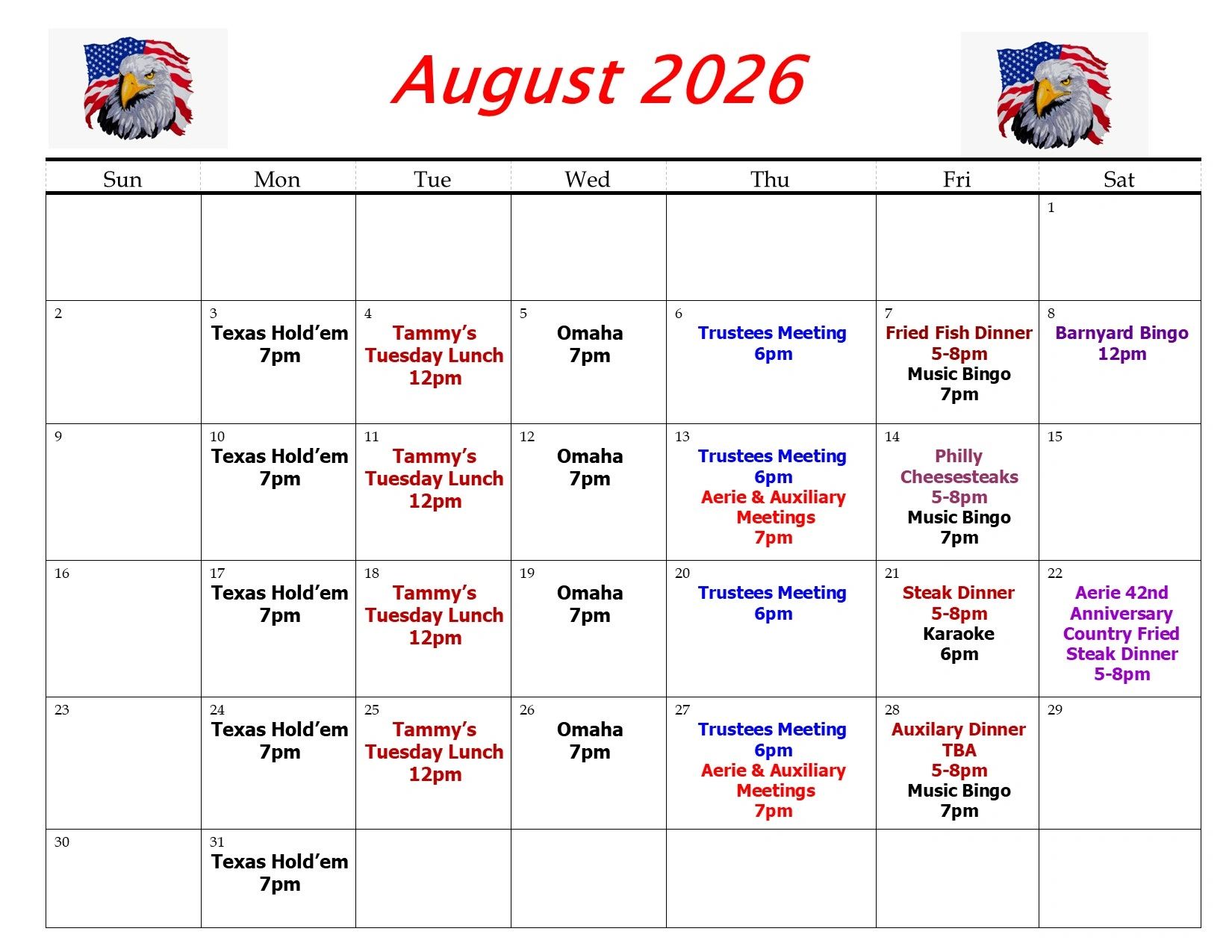 August 2026 calendar with events including Texas Hold'em, dinners, meetings, and bingo.