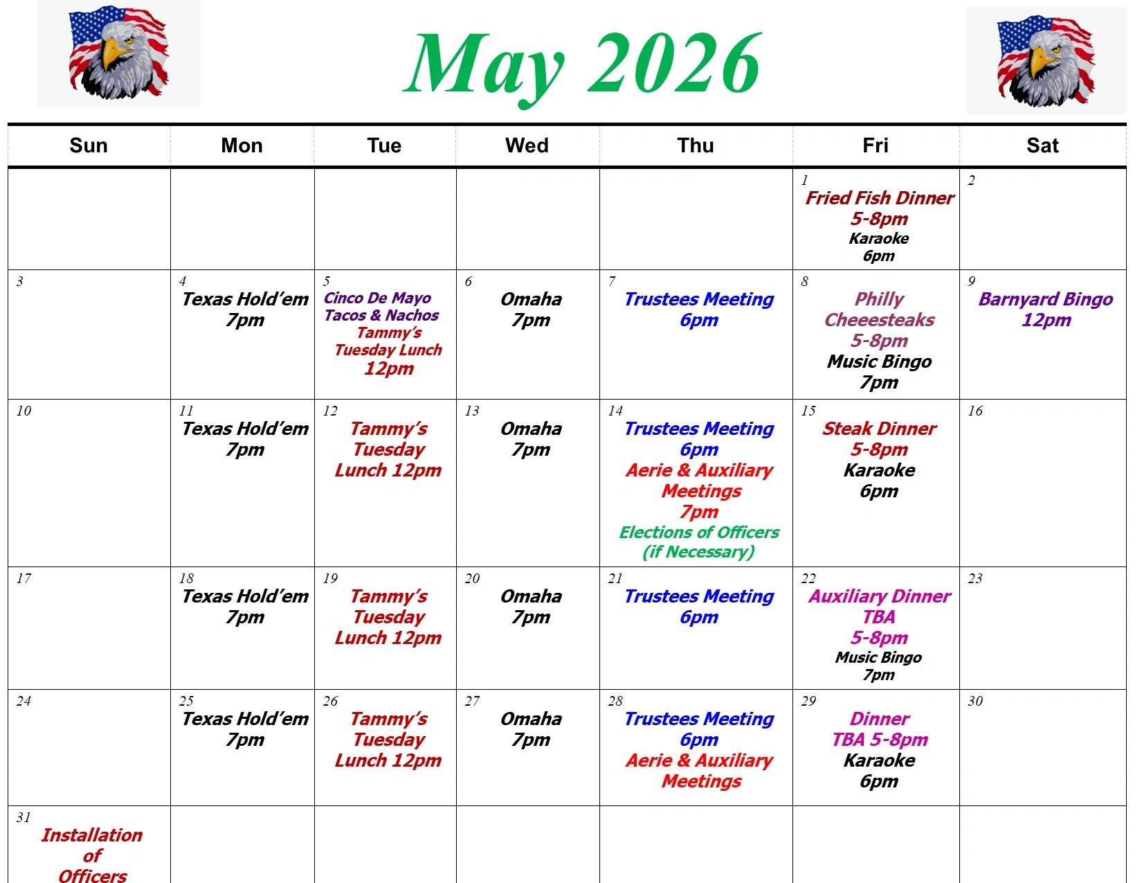 May 2026 calendar with events like dinners, meetings, and games.