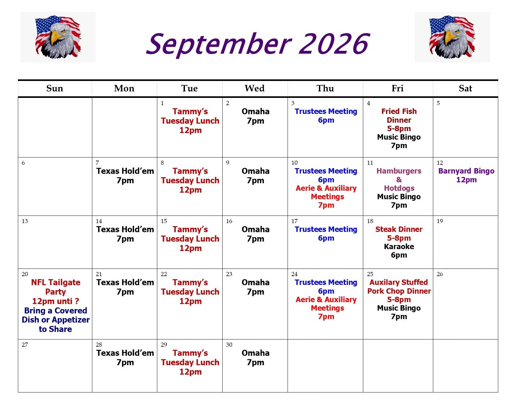 September 2026 calendar with events including lunches, meetings, dinners, and bingo.