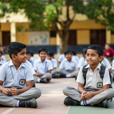 School boys sitting cross-legged outdoors in uniform, chatting.
