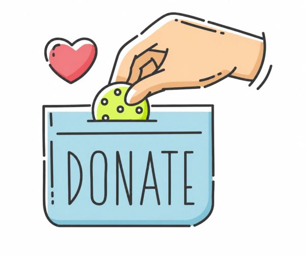 Hand placing coin in donation box with heart symbol.