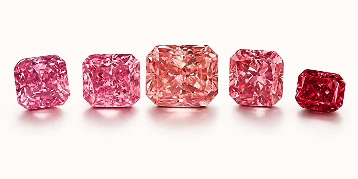 Five pink and red sparkling cut gemstones in a row.
