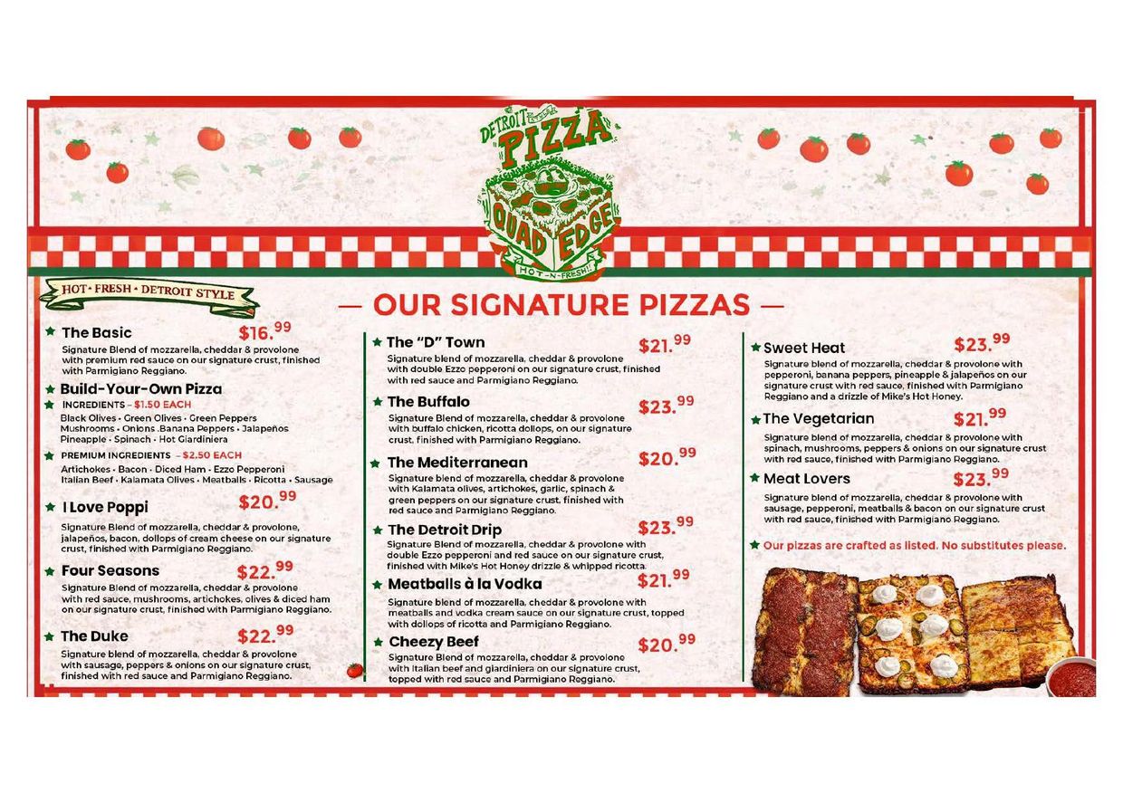 Menu of Detroit-style signature pizzas with various toppings and prices.