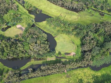Aerial view of a lush golf course surrounded by water and trees.