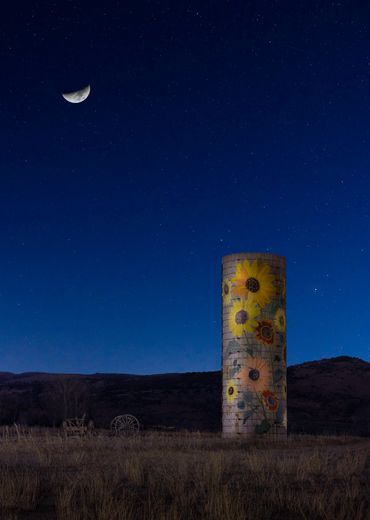 A painted silo with sunflowers under a crescent moonlit night.